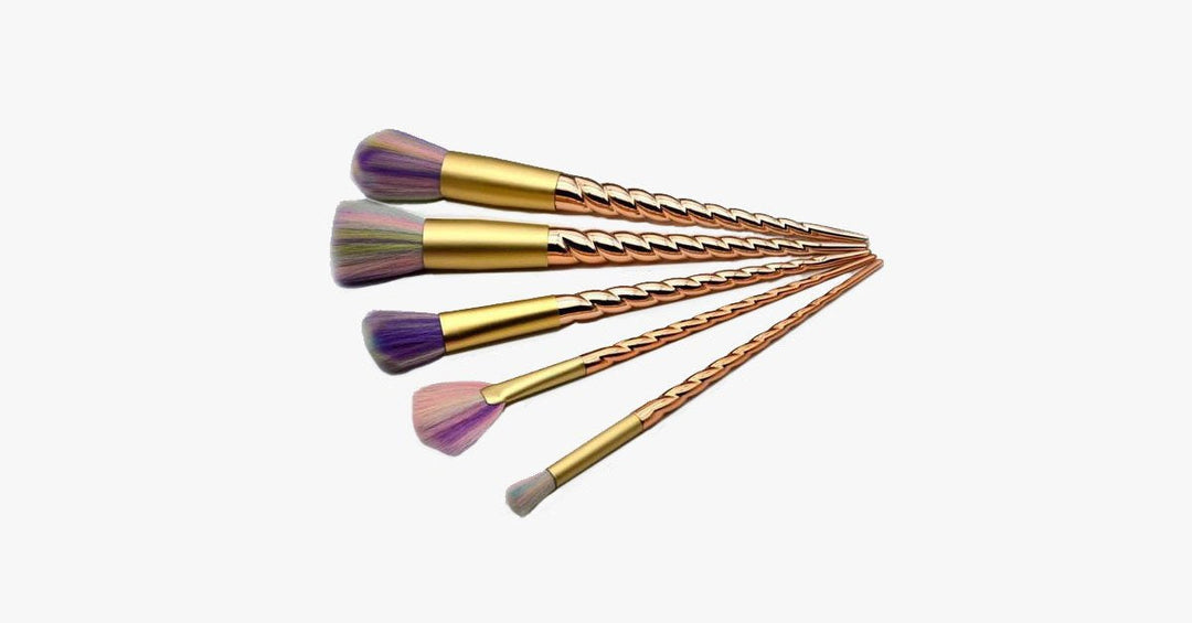 Lisslune | Gold twisted unicorn makeup brush set with 5 synthetic brushes - Gives you the perfect makeup!