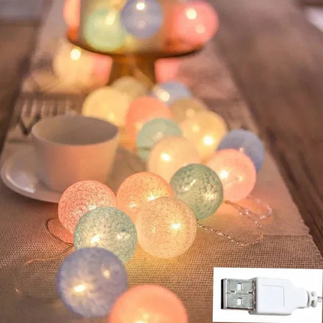 Lisslune | Pretty Pastel Cotton Ball Fairy Lights Garland