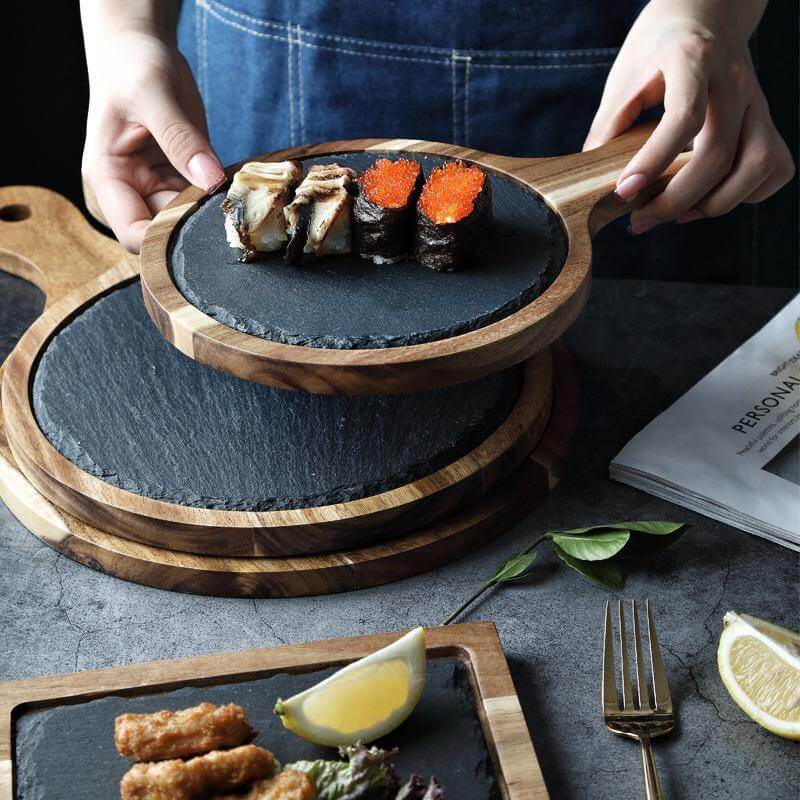 Lisslune | Wooden Slate Round Snack Food Plate