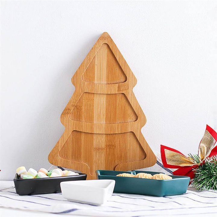 Lisslune | Christmas Tree Ceramic Plates With Bamboo Base Stand