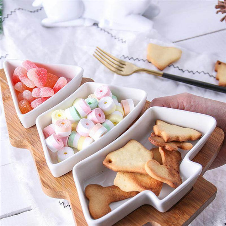 Lisslune | Christmas Tree Ceramic Plates With Bamboo Base Stand