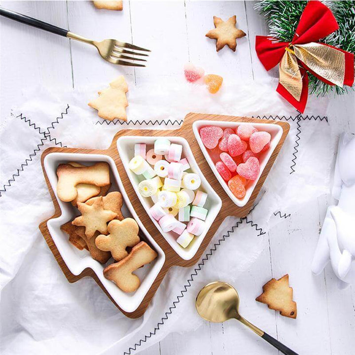 Lisslune | Christmas Tree Ceramic Plates With Bamboo Base Stand