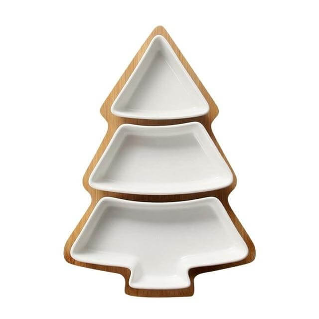 Lisslune | Christmas Tree Ceramic Plates With Bamboo Base Stand