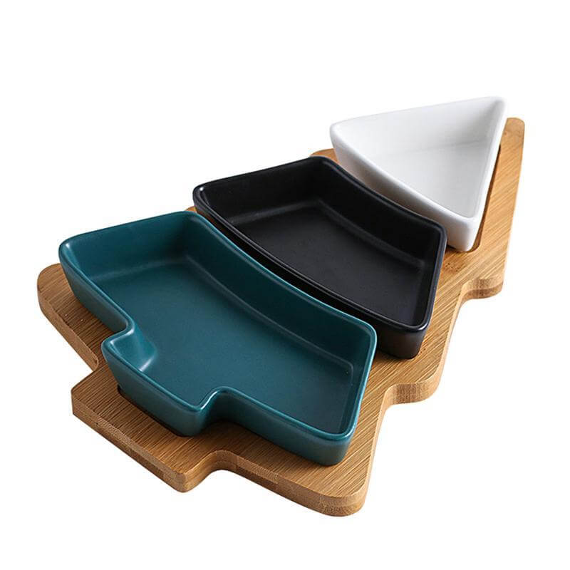 Lisslune | Christmas Tree Ceramic Plates With Bamboo Base Stand