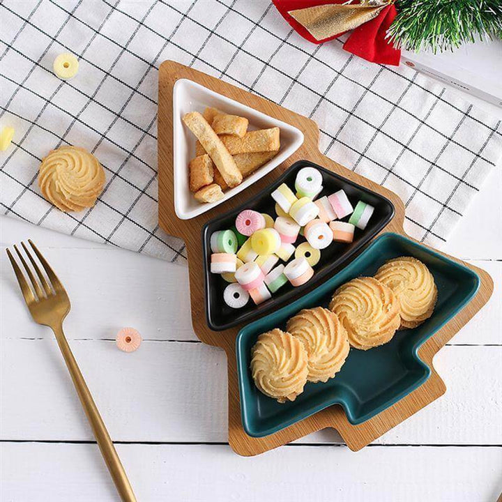 Lisslune | Christmas Tree Ceramic Plates With Bamboo Base Stand