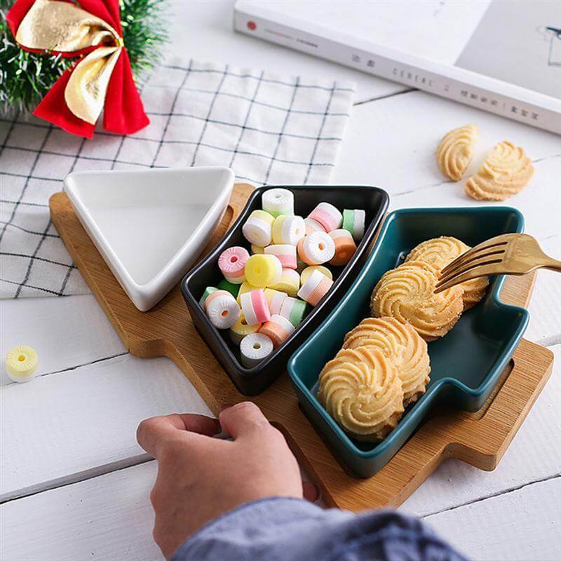 Lisslune | Christmas Tree Ceramic Plates With Bamboo Base Stand