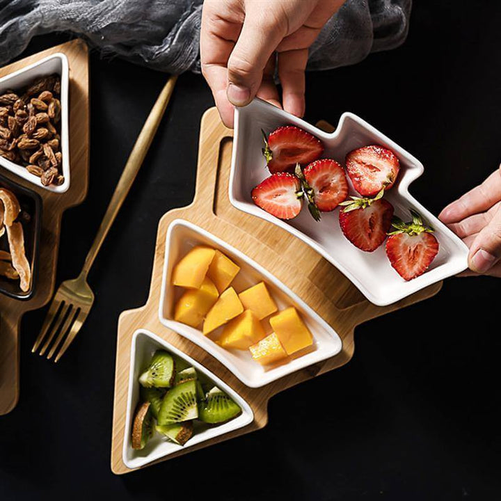 Lisslune | Christmas Tree Ceramic Plates With Bamboo Base Stand
