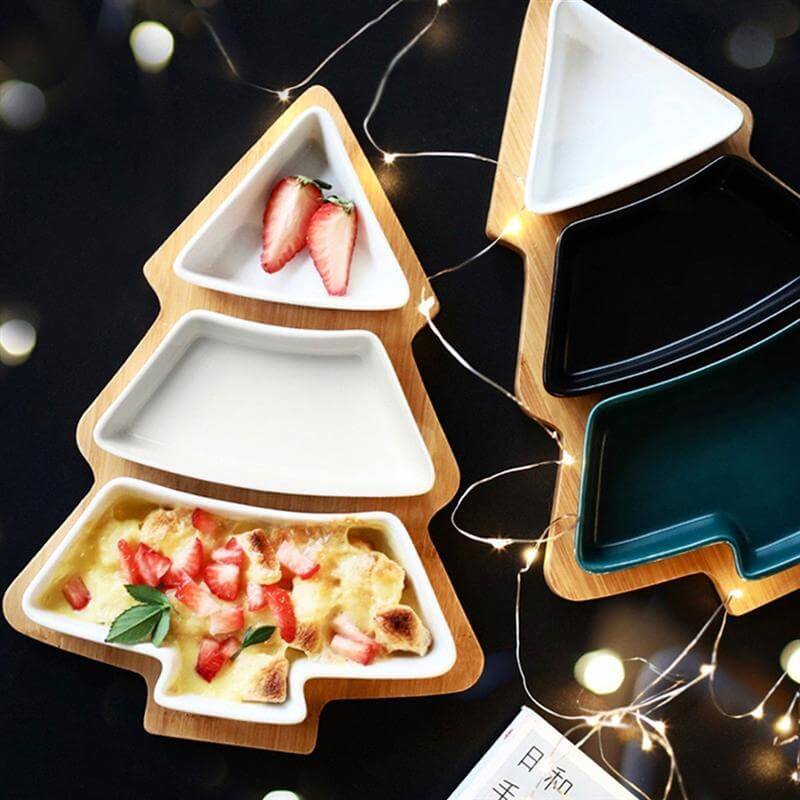 Lisslune | Christmas Tree Ceramic Plates With Bamboo Base Stand