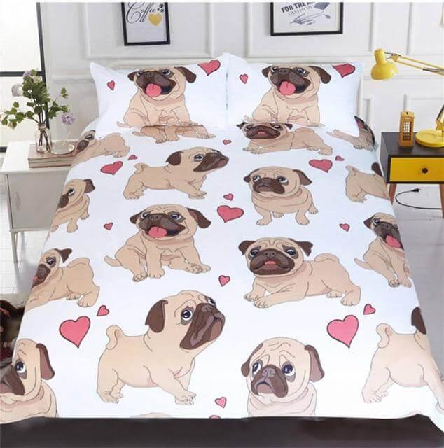 Lisslune | 3pcs Hippie Pug Puppy Cartoon Comfortable Duvet Cover Bedding Set