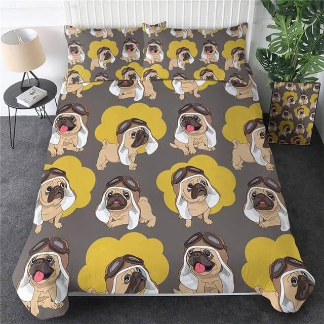 Lisslune | 3pcs Hippie Pug Puppy Cartoon Comfortable Duvet Cover Bedding Set