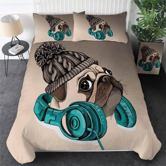 Lisslune | 3pcs Hippie Pug Puppy Cartoon Comfortable Duvet Cover Bedding Set