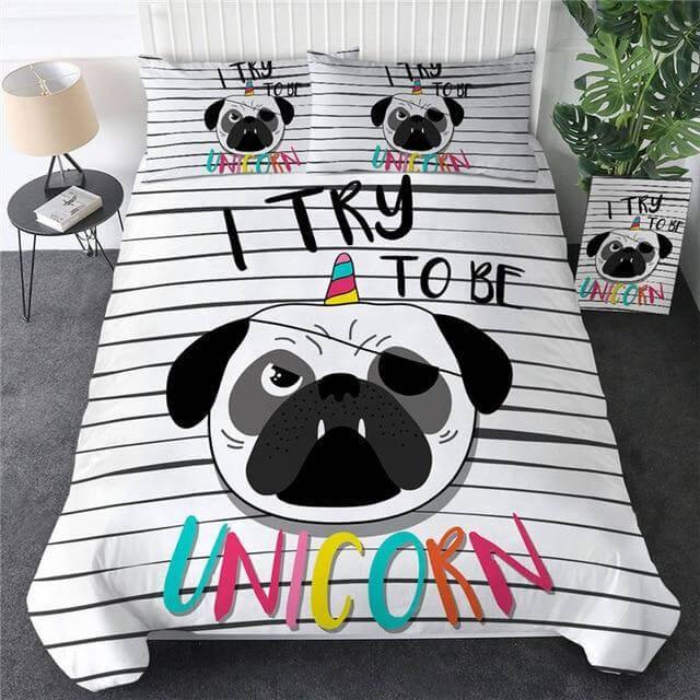 Lisslune | 3pcs Hippie Pug Puppy Cartoon Comfortable Duvet Cover Bedding Set