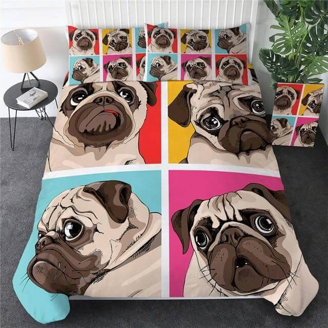 Lisslune | 3pcs Hippie Pug Puppy Cartoon Comfortable Duvet Cover Bedding Set