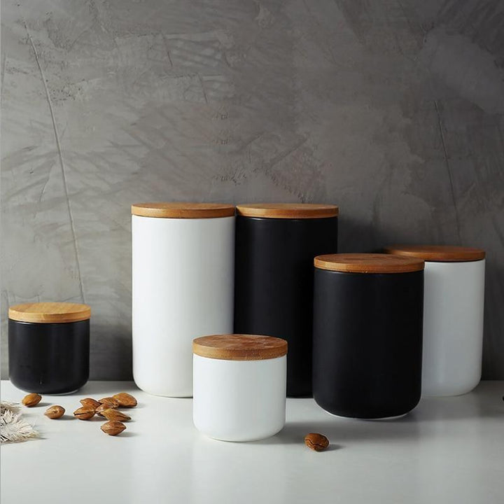 Lisslune | BambooNest Ceramic Storage Boxes with Bamboo Lid | Stylish Storage | Perfect for Kitchen & Bathroom | Available in White & Black