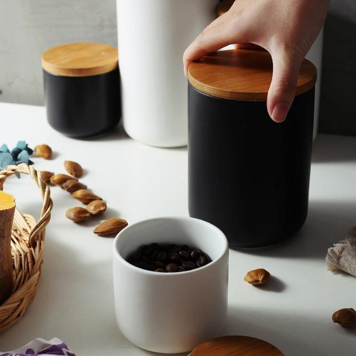 Lisslune | BambooNest Ceramic Storage Boxes with Bamboo Lid | Stylish Storage | Perfect for Kitchen & Bathroom | Available in White & Black