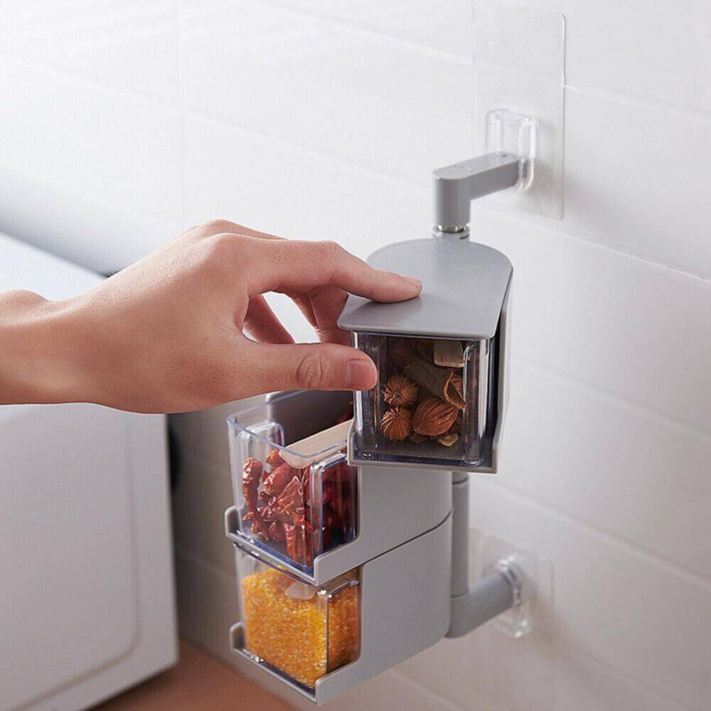 Lisslune | Layered Wall Mounted Rotating Seasoning Storage Organizer Boxes