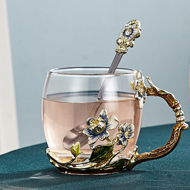 Lisslune | Handcrafted enamel flower glass mug for couples love gift can serve coffee, flavored tea or even lemon juice in