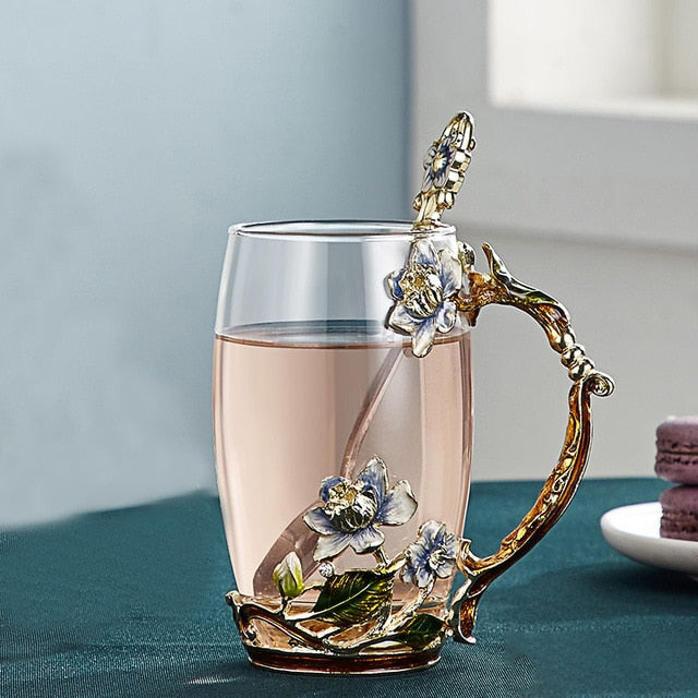 Lisslune | Handcrafted enamel flower glass mug for couples love gift can serve coffee, flavored tea or even lemon juice in