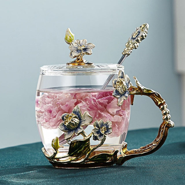 Lisslune | Handcrafted enamel flower glass mug for couples love gift can serve coffee, flavored tea or even lemon juice in
