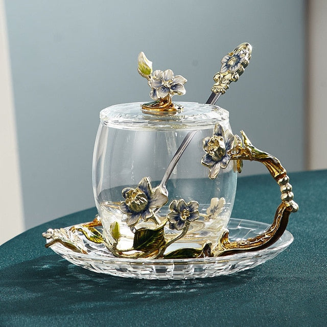 Lisslune | Handcrafted enamel flower glass mug for couples love gift can serve coffee, flavored tea or even lemon juice in