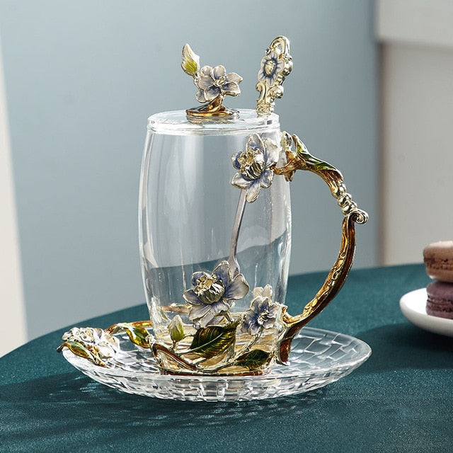 Lisslune | Handcrafted enamel flower glass mug for couples love gift can serve coffee, flavored tea or even lemon juice in