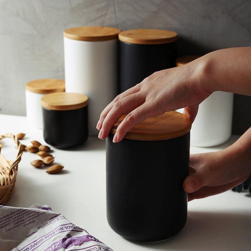Lisslune | BambooNest Ceramic Storage Boxes with Bamboo Lid | Stylish Storage | Perfect for Kitchen & Bathroom | Available in White & Black