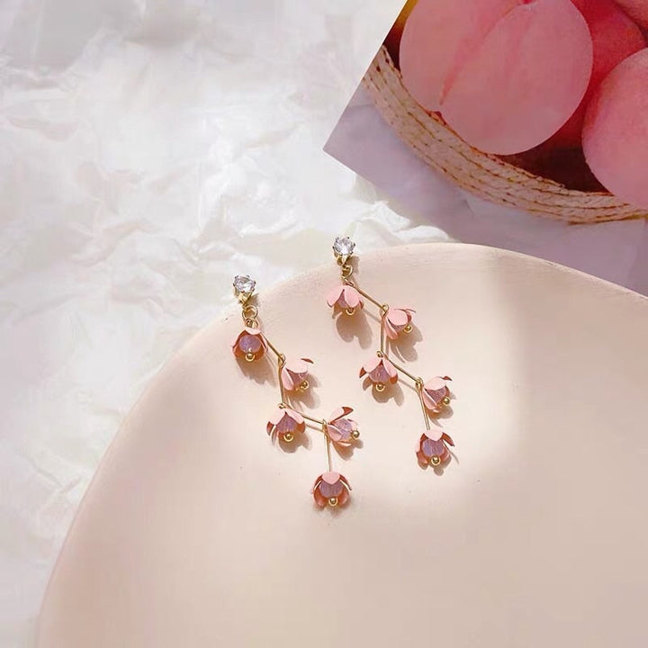 Lisslune | Long Rhinestone Crystal Pink Sakura Flower with Zircon Clip Earrings