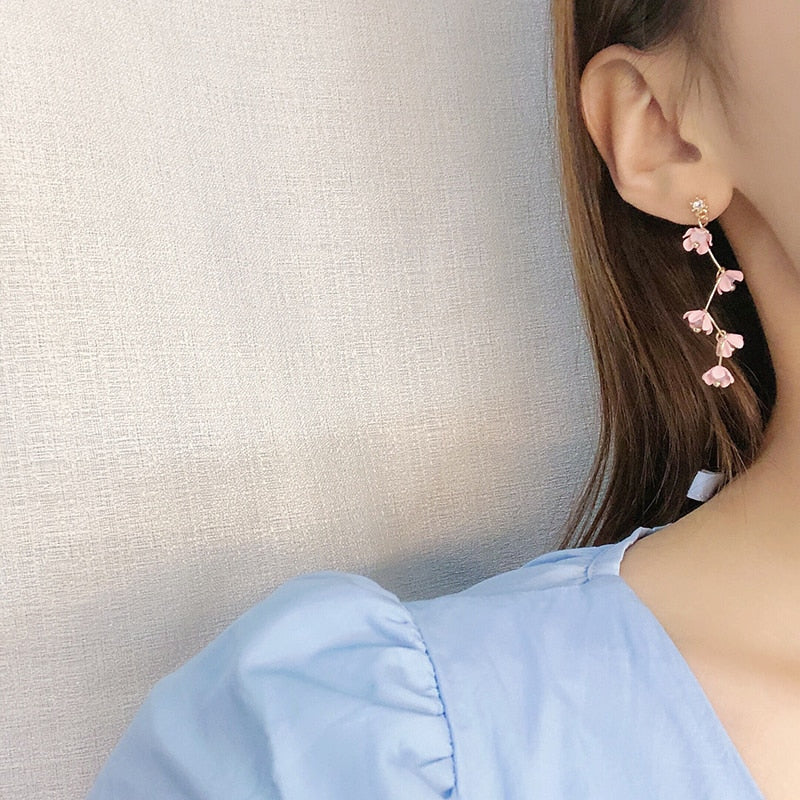 Lisslune | Long Rhinestone Crystal Pink Sakura Flower with Zircon Clip Earrings