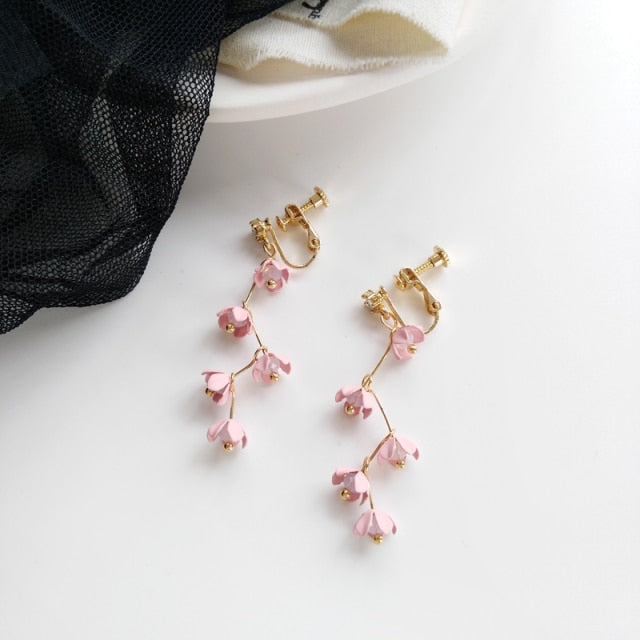 Lisslune | Long Rhinestone Crystal Pink Sakura Flower with Zircon Clip Earrings