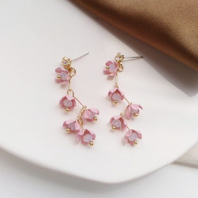 Lisslune | Long Rhinestone Crystal Pink Sakura Flower with Zircon Clip Earrings