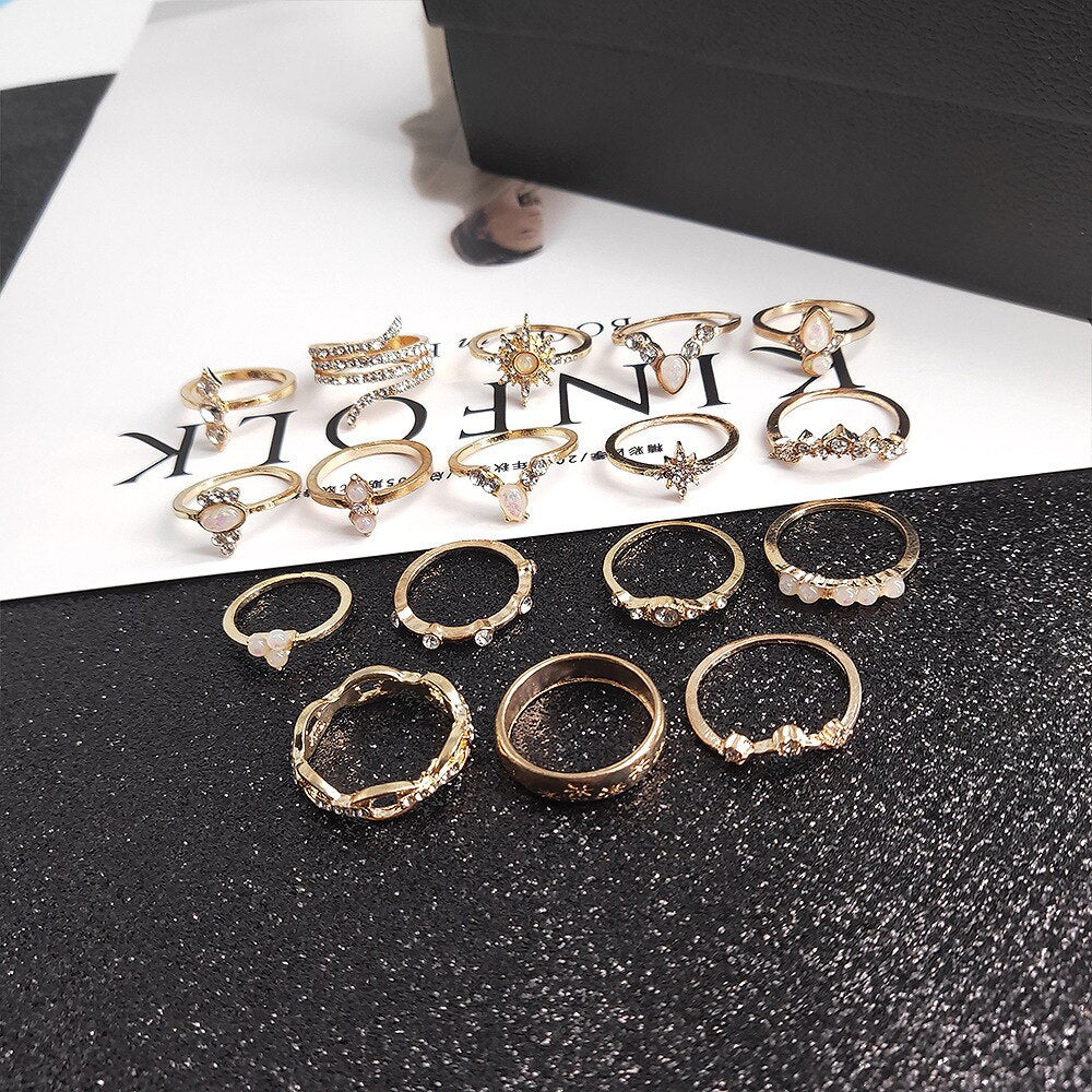 Lisslune | Fashion Crystal Gold color  Geometric Knuckle Rings set