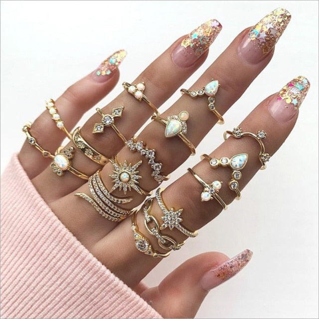 Lisslune | Fashion Crystal Gold color  Geometric Knuckle Rings set