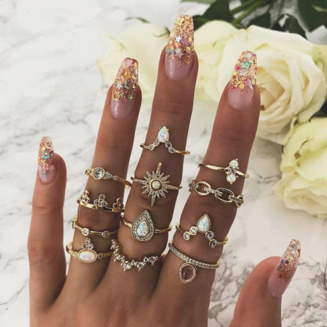 Lisslune | Fashion Crystal Gold color  Geometric Knuckle Rings set