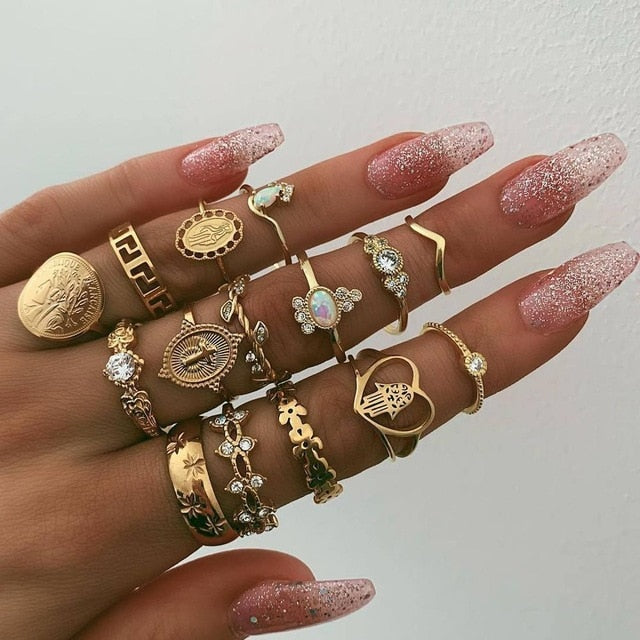 Lisslune | Fashion Crystal Gold color  Geometric Knuckle Rings set