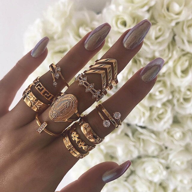 Lisslune | Fashion Crystal Gold color  Geometric Knuckle Rings set