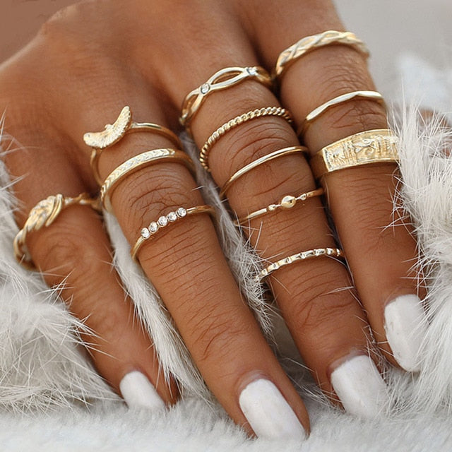 Lisslune | Fashion Crystal Gold color  Geometric Knuckle Rings set
