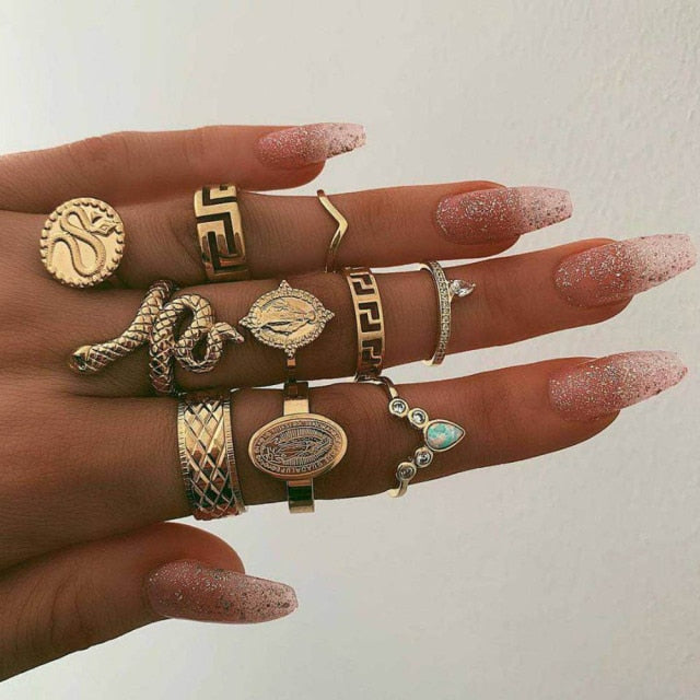 Lisslune | Fashion Crystal Gold color  Geometric Knuckle Rings set
