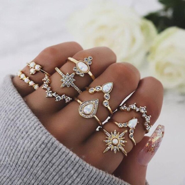 Lisslune | Fashion Crystal Gold color  Geometric Knuckle Rings set