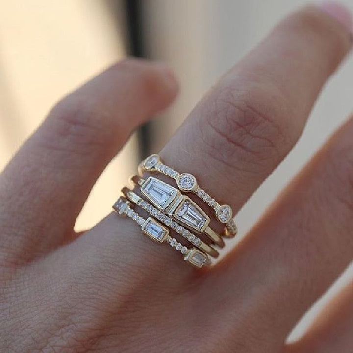 Lisslune | Geometric Gold Color Combination Round Zircon Crystal Rings Set