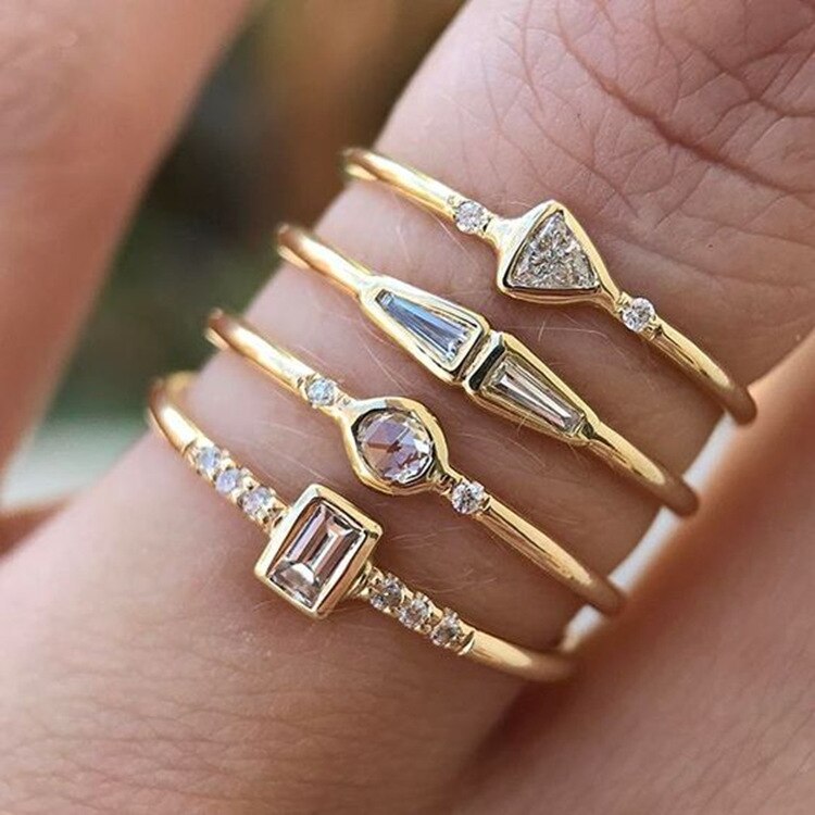 Lisslune | Geometric Gold Color Combination Round Zircon Crystal Rings Set