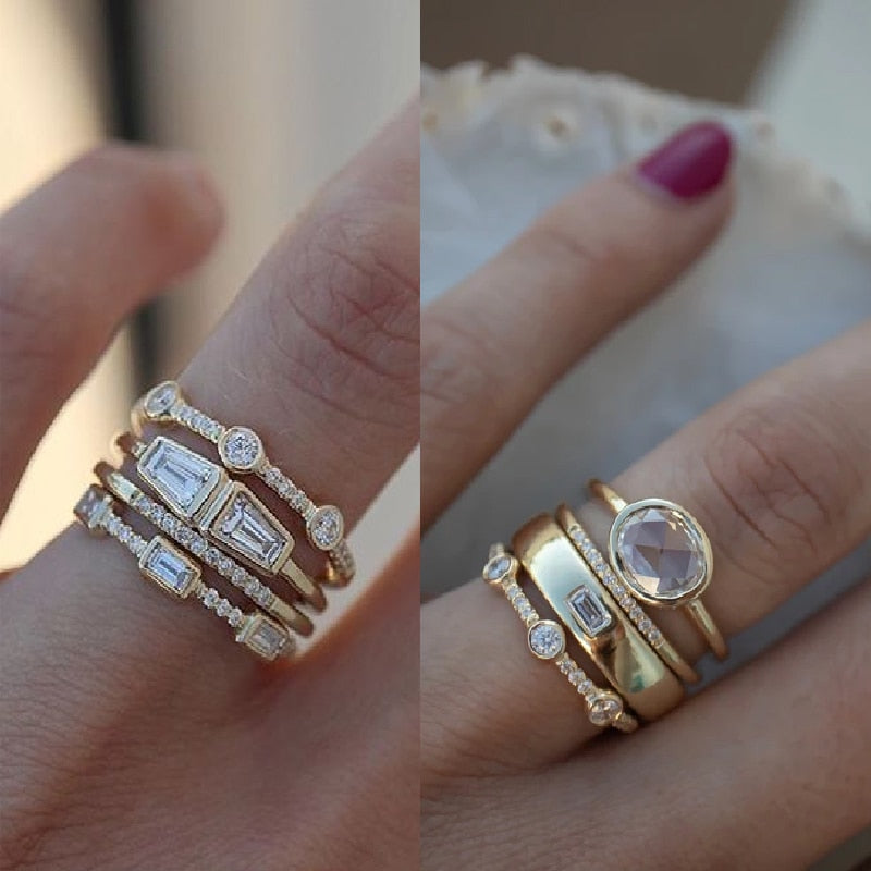Lisslune | Geometric Gold Color Combination Round Zircon Crystal Rings Set