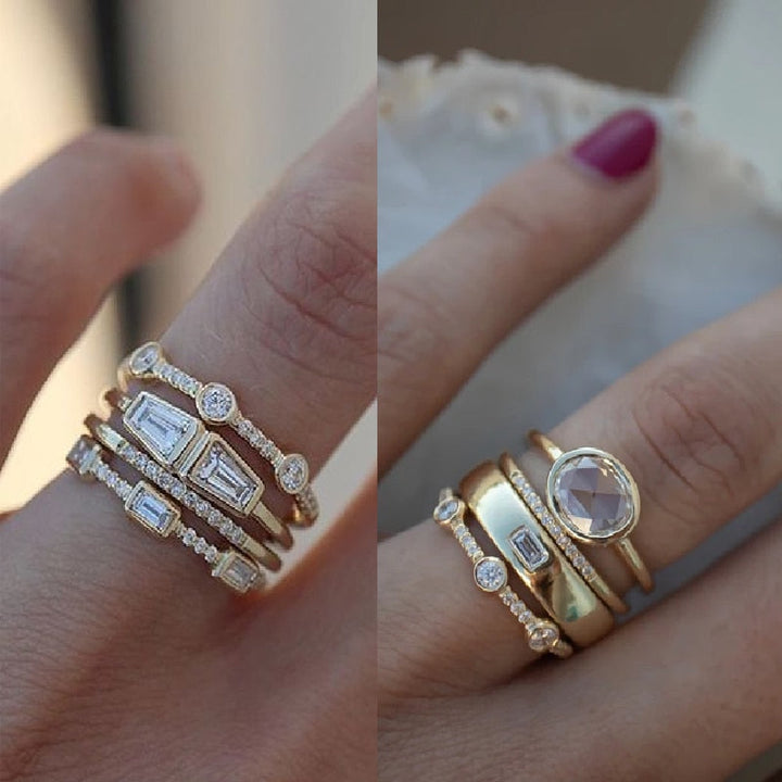 Lisslune | Geometric Gold Color Combination Round Zircon Crystal Rings Set