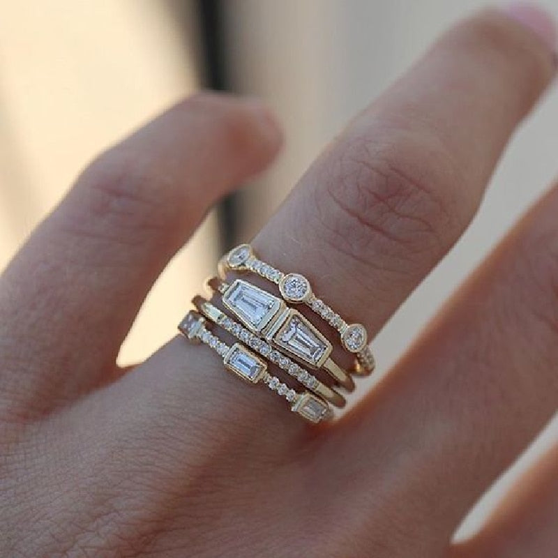 Lisslune | Geometric Gold Color Combination Round Zircon Crystal Rings Set