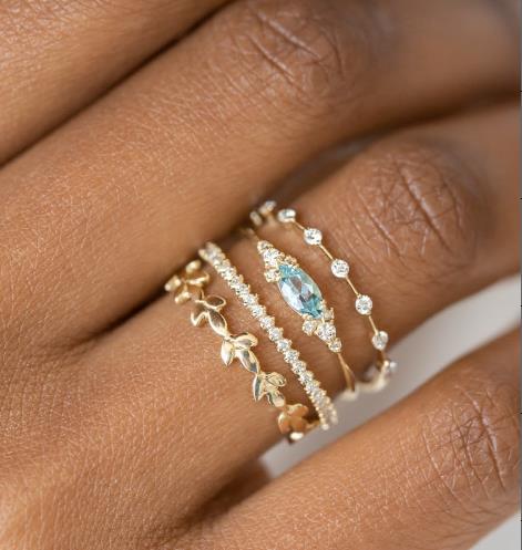 Lisslune | Geometric Gold Color Combination Round Zircon Crystal Rings Set