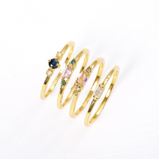 Lisslune | Geometric Gold Color Combination Round Zircon Crystal Rings Set