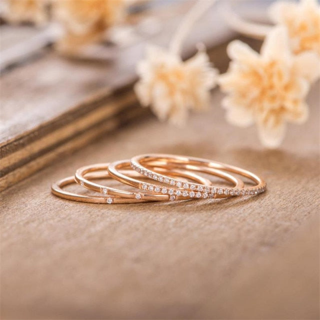 Lisslune | Geometric Gold Color Combination Round Zircon Crystal Rings Set