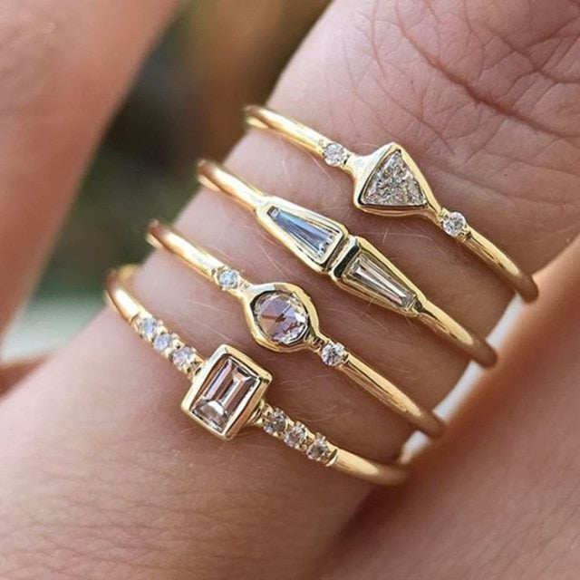 Lisslune | Geometric Gold Color Combination Round Zircon Crystal Rings Set