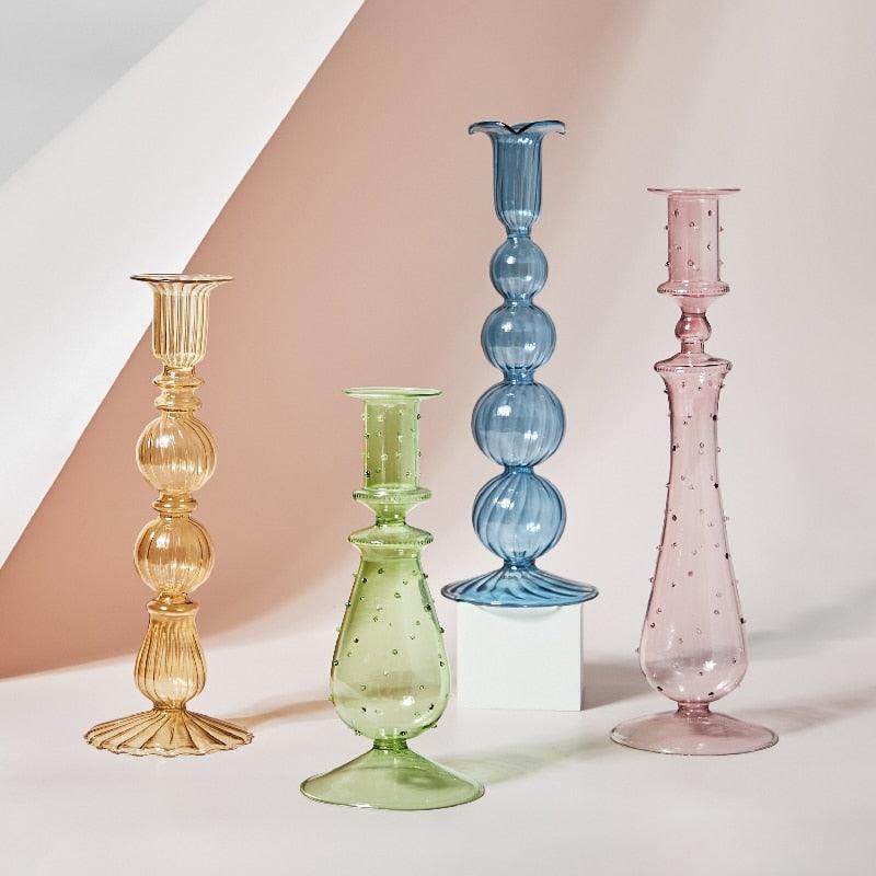 Lisslune | GlowCharm Pastel Glass Candle Holder | Decorative Candle Stands | Elegant Table Decor