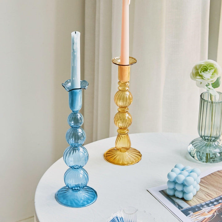 Lisslune | GlowCharm Pastel Glass Candle Holder | Decorative Candle Stands | Elegant Table Decor