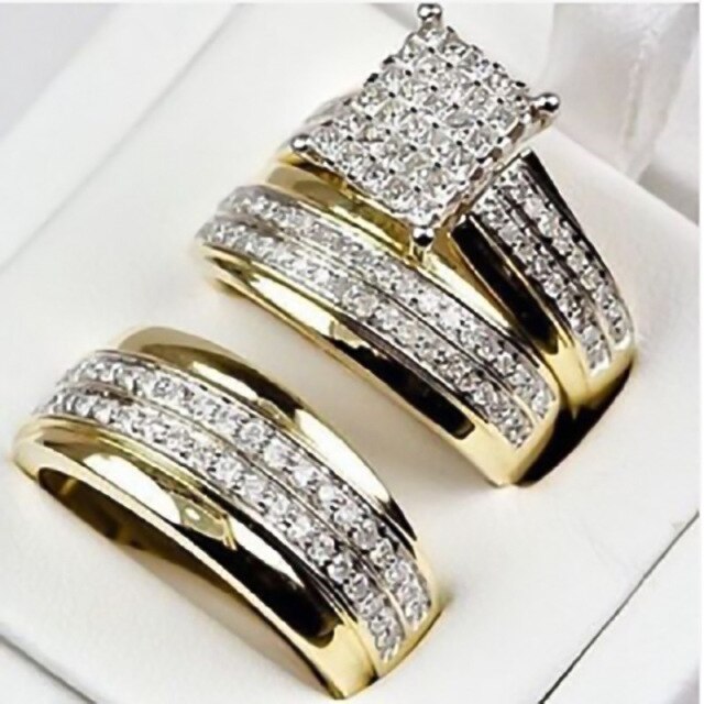 Lisslune | Luxury 3 Pcs/Set Gold Color Full Zircon Engagement Rings For Women